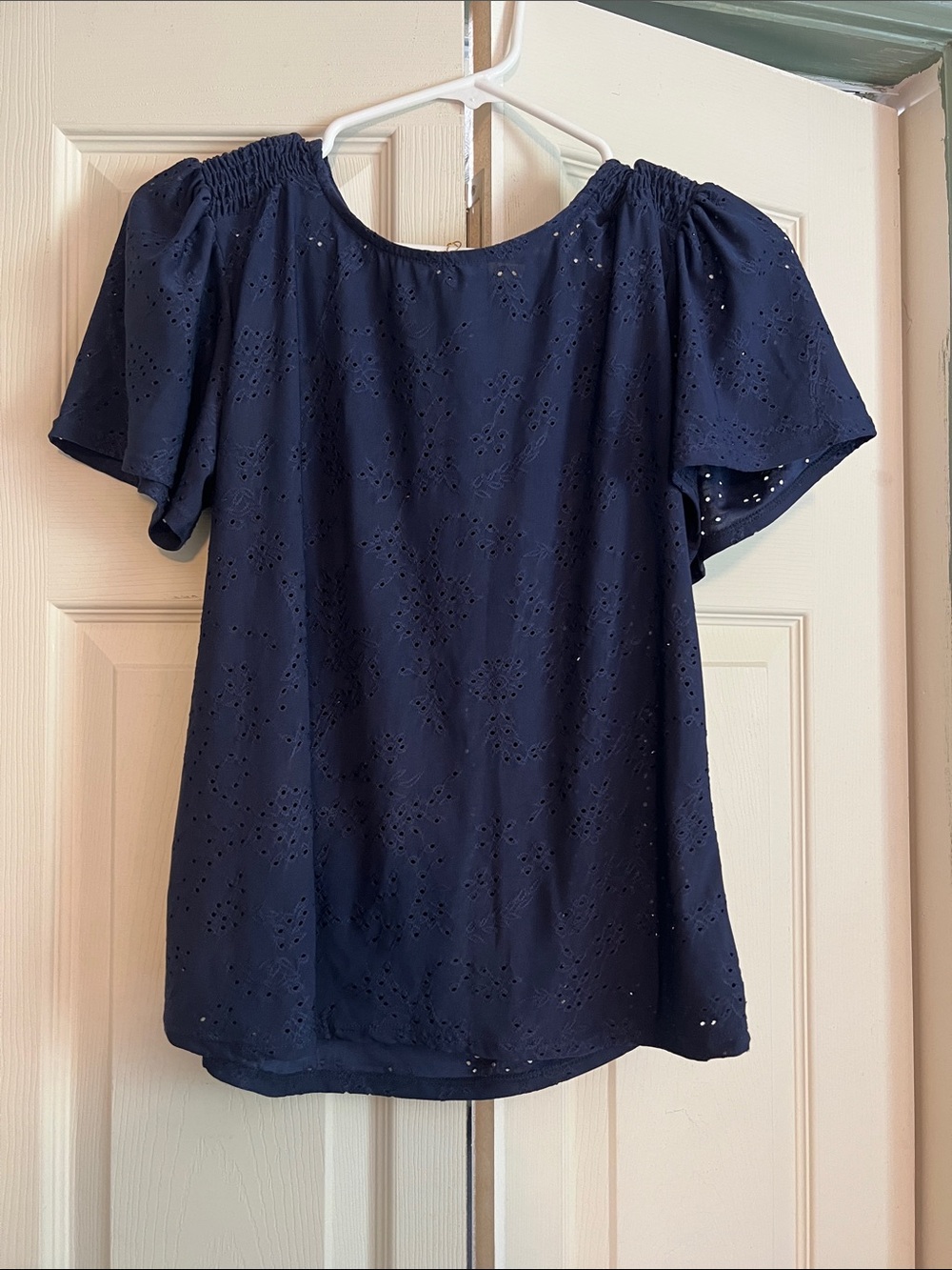 W5 Navy Eyelet Flutter sleeve Blouse
